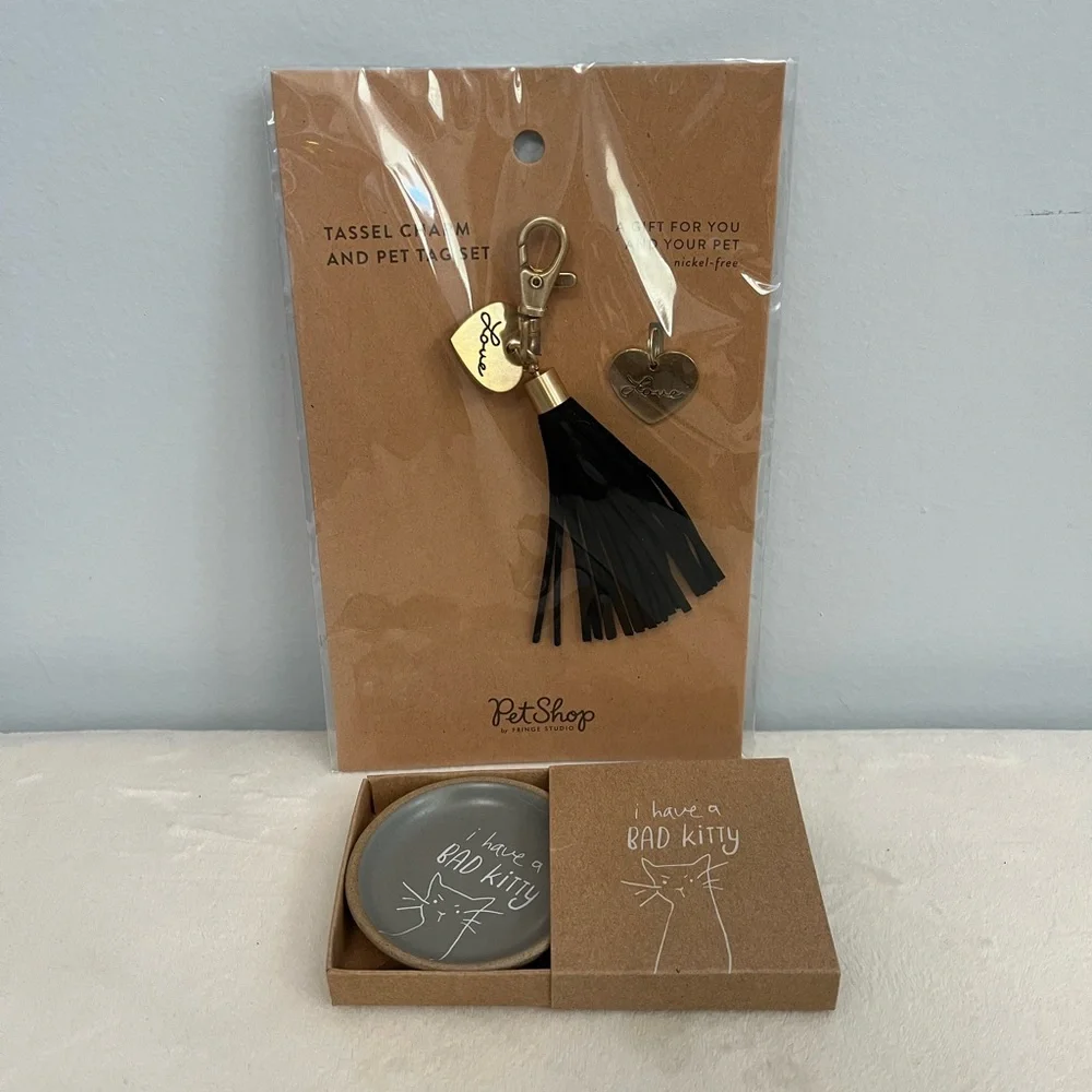 Fringe Studio Tassel Charm & Pet Tag Set With Decorative“I have a bad kitty”Tray